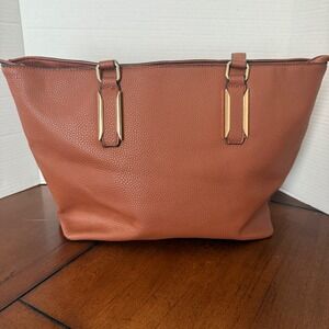 Mathew Julian Tote Bag Brown Faux Leather‎ Gold Accents Top Zip Lined Interior